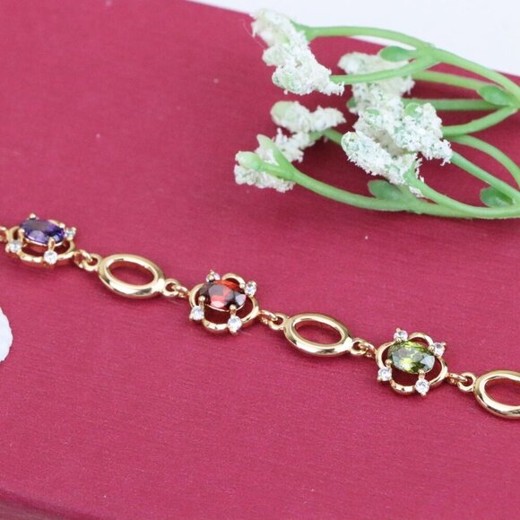 "Elegant Multicolor Oval Link Rose Gold Bracelet with Gemstones, XPBL1019 - Picture 11 of 11